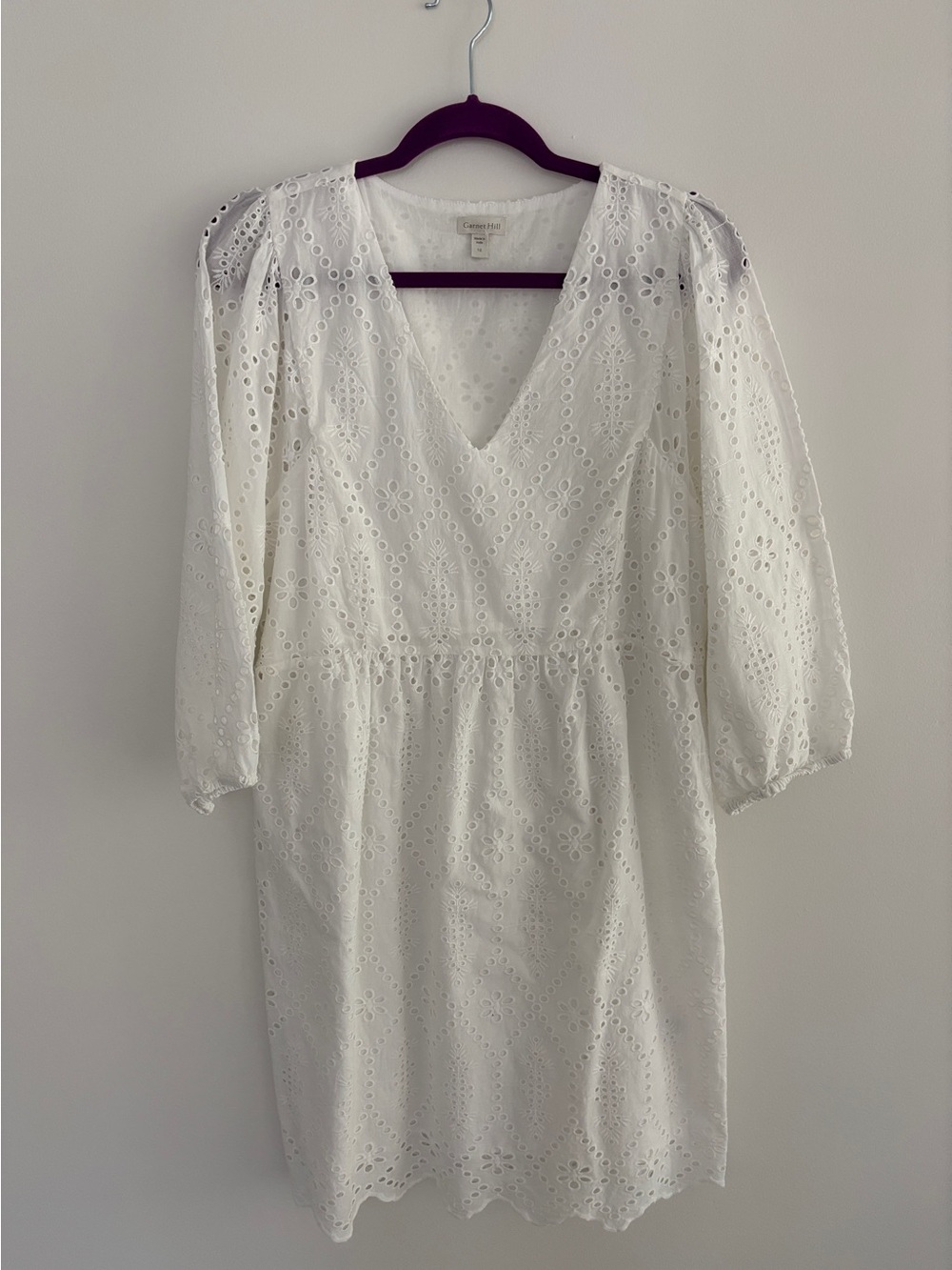 Garnet Hill White Eyelet V-Neck Puff Sleeve Dress